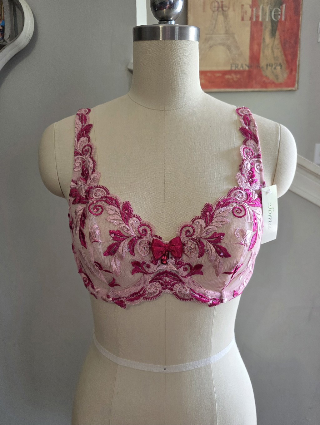 Soma Bra Sensuous Lace Unlined Pink Floral Embroidery Size 34c Nwt